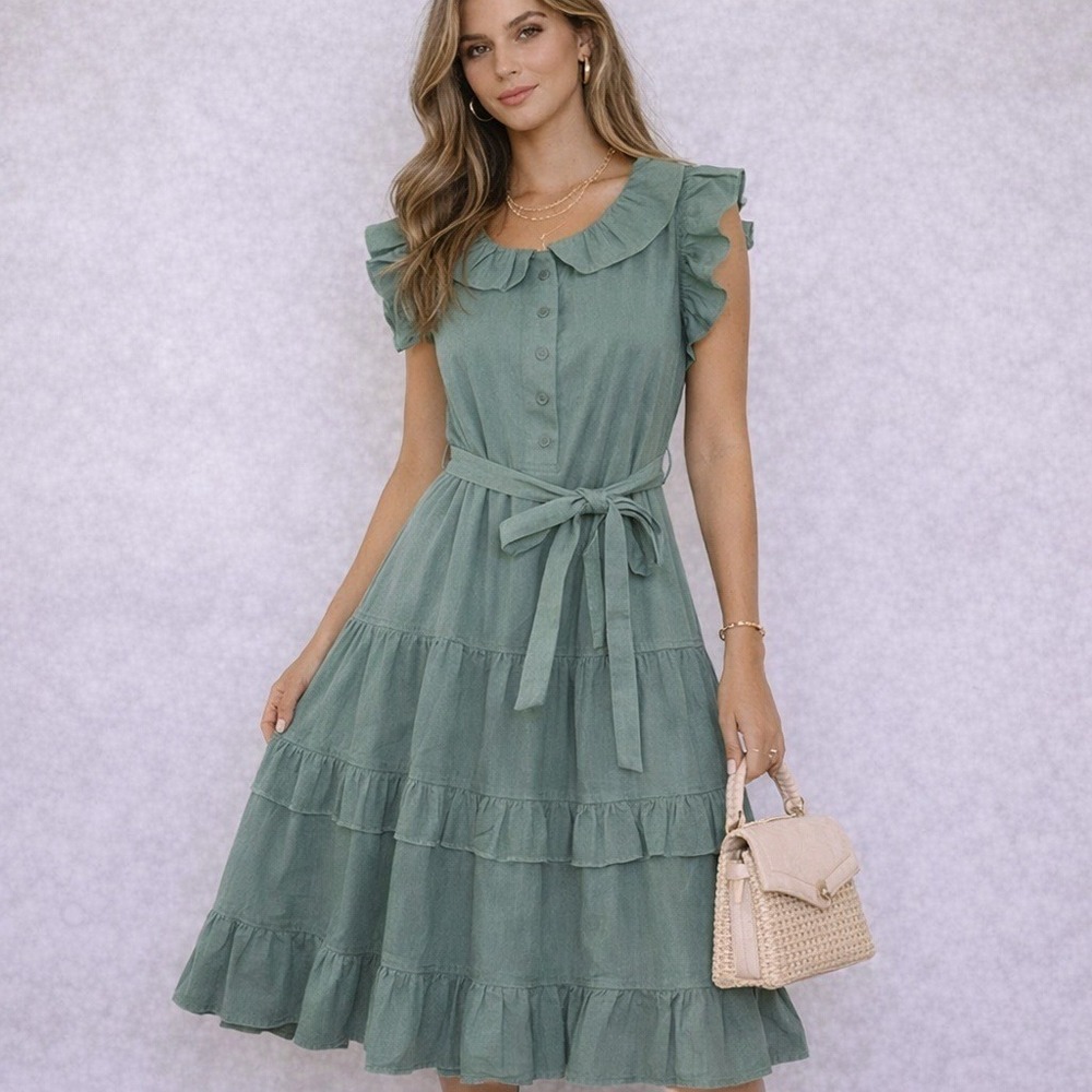 NWT Ruffle Dress By Listicle Tie Waist Ruffle Sleeves Layered Skirt Cottagecore